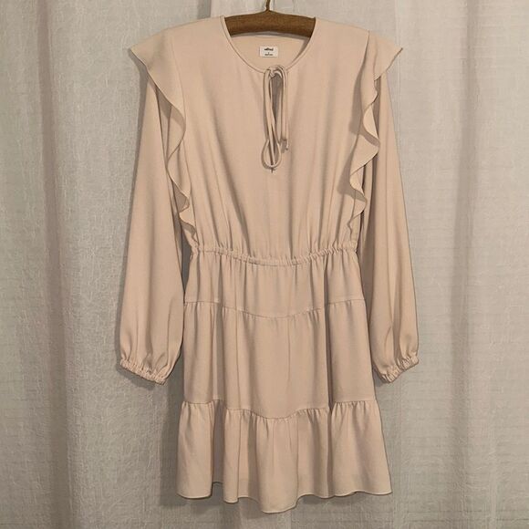 Wilfred S Beige Long Sleeve Tie Front Flutter Shoulder Details Tiered Dress - Picture 1 of 14
